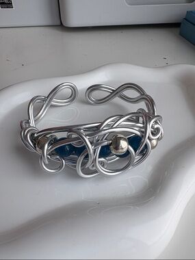 Silver Wire Sculpted Cuff Bracelet with Blue Beads